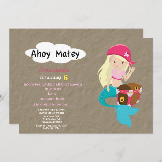 Mermaid Pirate Treasure Hunt Birthday Invitation Einladung (Vorne/Hinten)