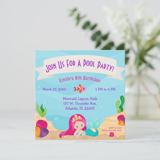 Mermaid Pool Party Einladungen Custom Geburtstag (Stehend Vorderseite)