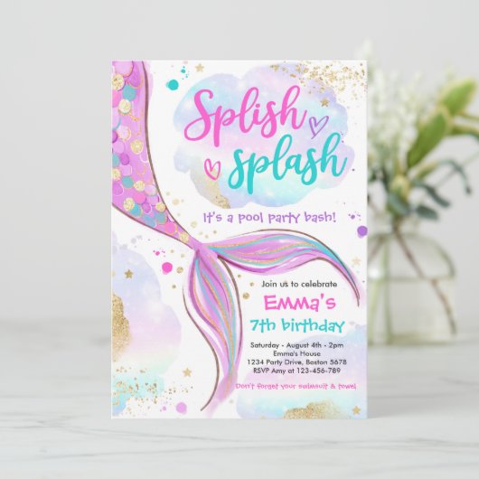 Mermaid Pool Party rosa Meerjungfrau Einladung (Stehend Vorderseite)