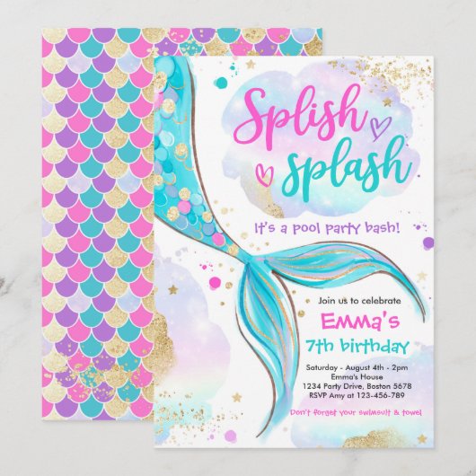 Mermaid Pool Party rosa Meerjungfrau Einladung (Vorne/Hinten)