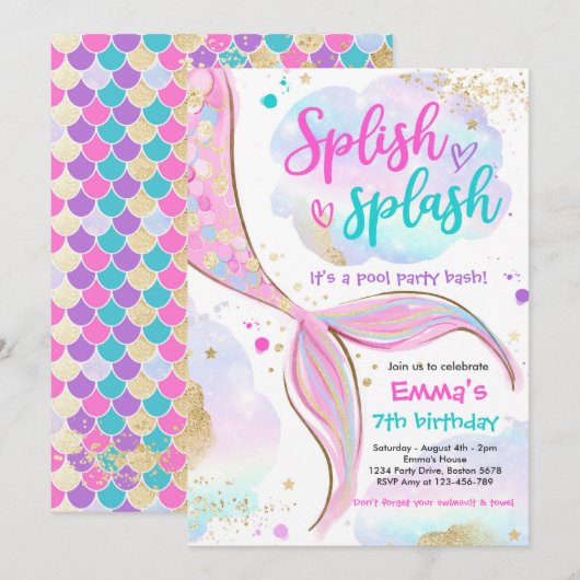 Mermaid Pool Party rosa Meerjungfrau Einladung (Vorne/Hinten)