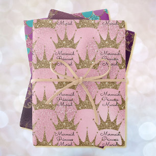 Mermaid Princess Add Name Gold Sparkle 3 Geschenkpapier Set