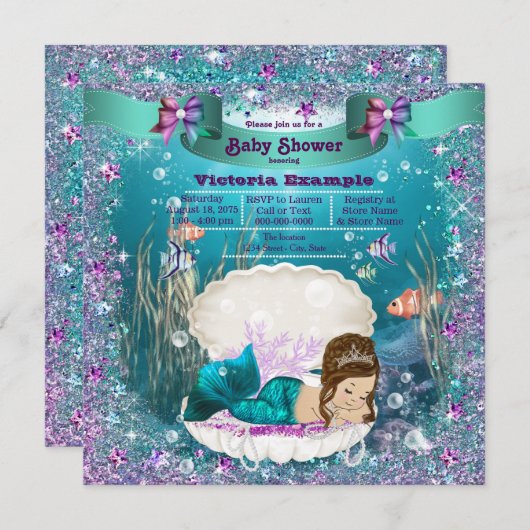 Mermaid Princess Girl Babydusche Einladung (Vorne/Hinten)