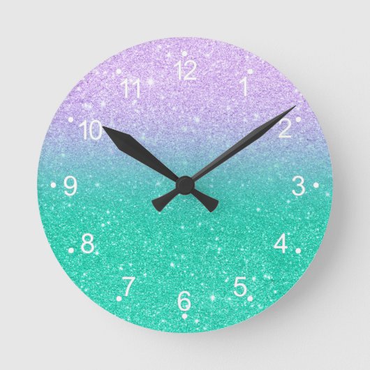 Mermaid purple teal aqua glitter ombre gradient runde wanduhr (Vorderseite)