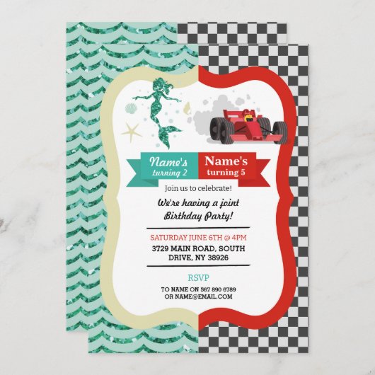 Mermaid & Racing Car Joint Boy Girl Einladung (Vorne/Hinten)