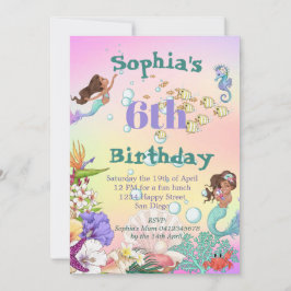Mermaid Rainbow Dark Hair Under Sea Birthday Einladung