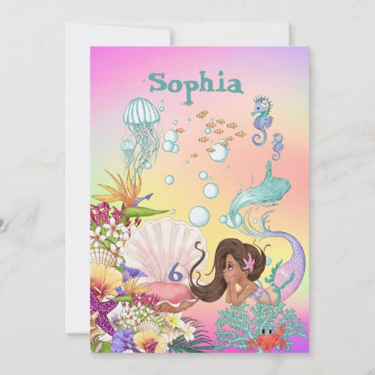 Mermaid Rainbow Dark Hair Under Sea Birthday Einladung (Rückseite)