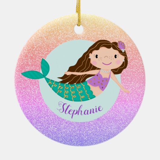 Mermaid Rainbow Glitzer Personalisiert Name Keramik Ornament (Hinten)