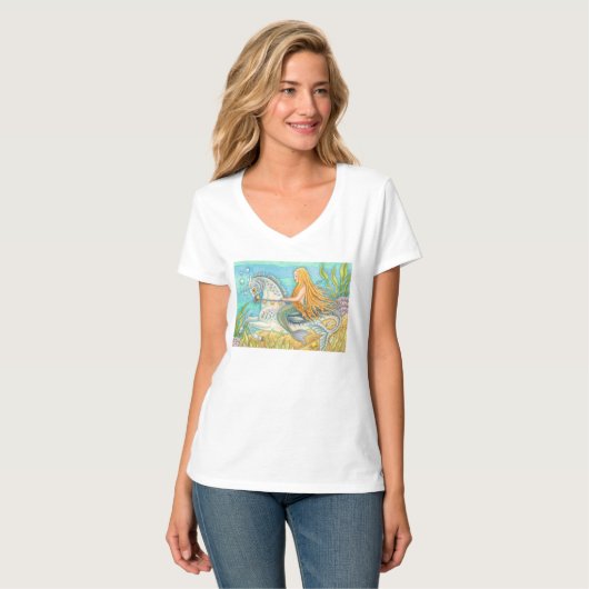 Mermaid Riding Merhorse Unicorn / NECK T SHIRT (Vorderseite Vollansicht)