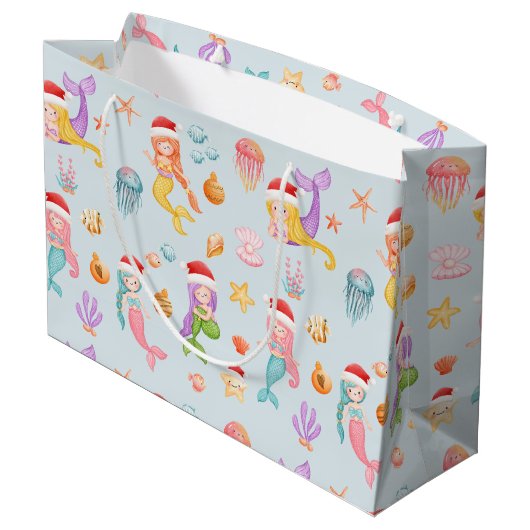 Mermaid Santa Christmas Pattern Große Geschenktüte (Rückseite Schrägansicht)