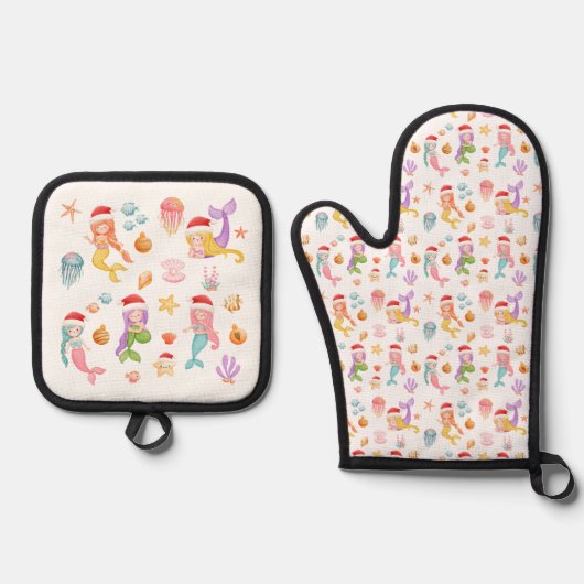 Mermaid Santa Pattern Ofenhandschuh & Topflappen-Set (Vorderseite)