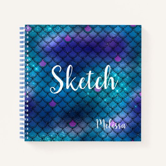 Mermaid Scale Blue Glitzer Monogram Sketchbook nic Notizblock (Vorderseite)