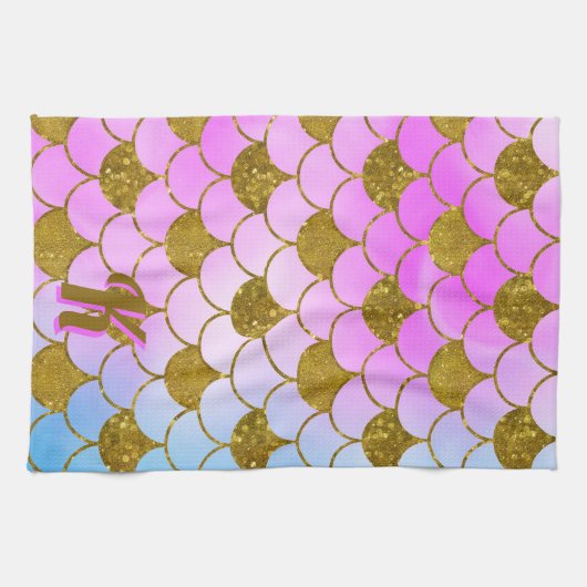Mermaid Scale Muster Lila Gold Glitzer Initial Geschirrtuch (Horizontal)