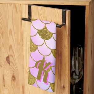 Mermaid Scale Muster Lila Gold Glitzer Initial Geschirrtuch