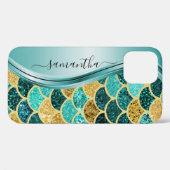 Mermaid Scales Aqua Handgeschriebener Name Gold Case-Mate iPhone Hülle (Rückseite (Horizontal))
