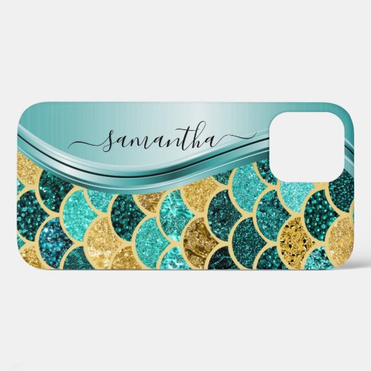 Mermaid Scales Aqua Handgeschriebener Name Gold Case-Mate iPhone Hülle (Rückseite (Horizontal))