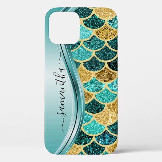 Mermaid Scales Aqua Handgeschriebener Name Gold Case-Mate iPhone Hülle (Rückseite)