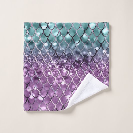Mermaid Scales auf Aqua Lila MERMAID Glitzer #2 Badhandtuch Set (Waschlappen)