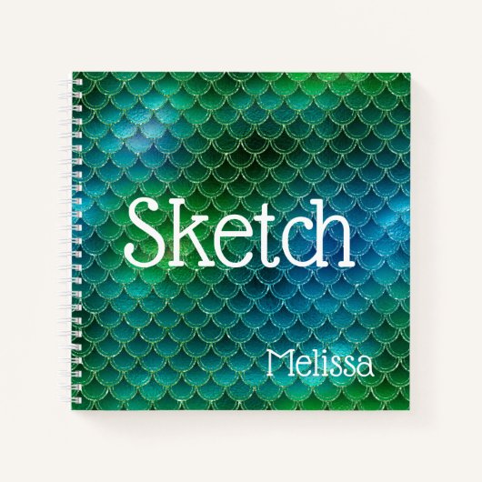 Mermaid Scales Blue Green Glitzer Name Sketchbook Notizblock (Vorderseite)