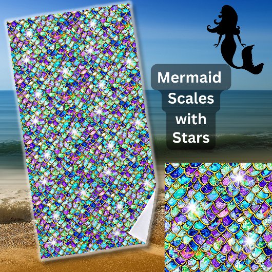 Mermaid Scales Blue Green Lila Gold mit Stars Strandtuch