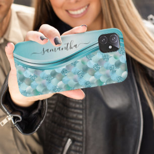 Mermaid Scales Blue Handwriting Name Metal Case-Mate iPhone Hülle