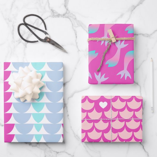 Mermaid Scales farbenfrohe Regenbogen rosa Herz Geschenkpapier Set (Vorderseite)