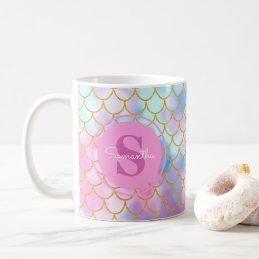 Mermaid Scales Gold Glitzer Muster rosa Monogramm Kaffeetasse (Mit Donut)