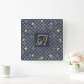 Mermaid Scales Monogram Navy Blue Gold Wohngestalt Quadratische Wanduhr (Zuhause)