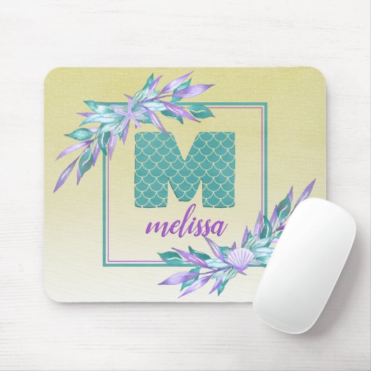 Mermaid Scales Monogram | Wasserfarbe Ombre Floral Mousepad (Mit Mouse)