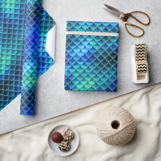 Mermaid Scales Muster Blue ID600 Geschenkpapier (Kunsthandwerk)