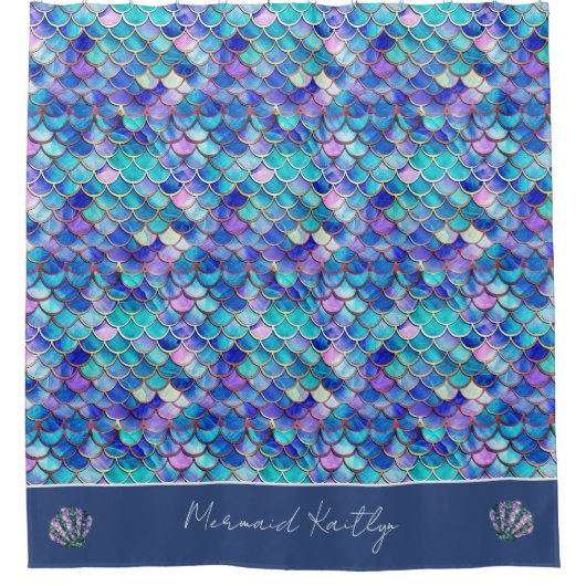 Mermaid Scales Pattern Monogrammed Girls Name Duschvorhang (Vorderseite)