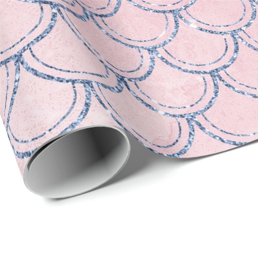 Mermaid Scales Pink Rose Glitzer Blue Navy Spark Geschenkpapier (Rolleneckpunkt)