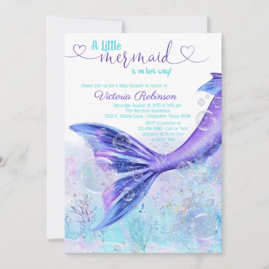 Mermaid Schwanz Baby Lila Aquamarin Blue Baby Dusc Einladung (Vorderseite)