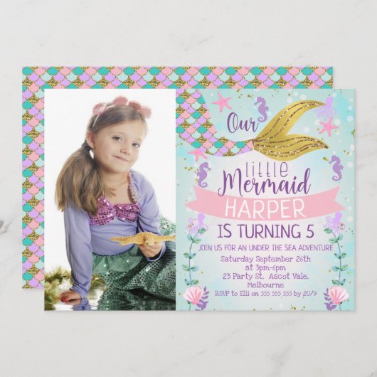 Mermaid Schwanz Birthday Einladung (Vorne/Hinten)