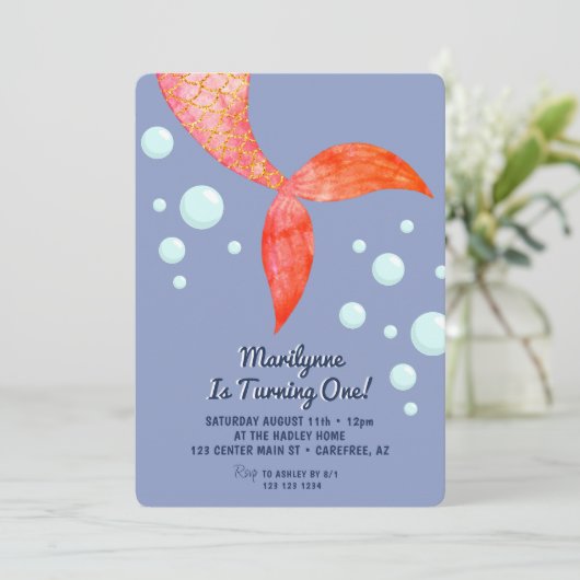 Mermaid Schwanz Blue 1. Geburtstag Einladung (Stehend Vorderseite)
