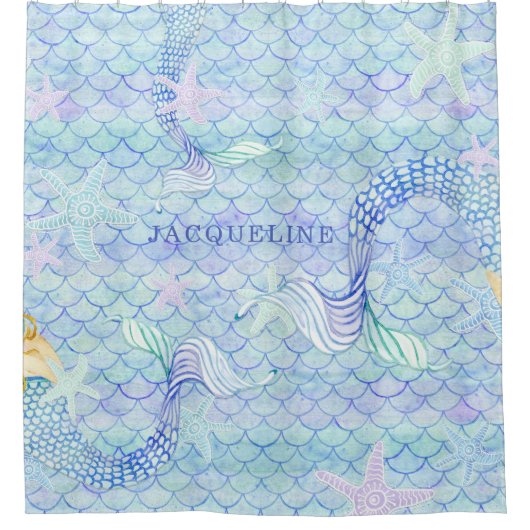 Mermaid Schwanz Fish Scale Muster Mädchen Name Sta Duschvorhang (Vorderseite)