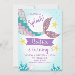 Mermaid Schwanz Lila und Aquamarin zum Geburtstag Einladung