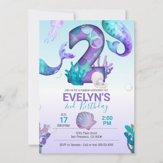 Mermaid Schwanz Mermaid Einladung zum 2. Geburtsta (Vorderseite)