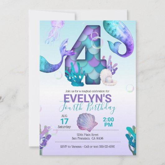 Mermaid Schwanz Mermaid Einladung zum 4. Geburtsta (Vorderseite)