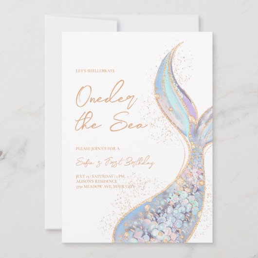 Mermaid Schwanz Oneder Sea Birthday Einladung (Vorderseite)