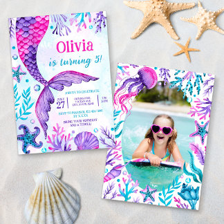 Mermaid Schwanz Pool Party Foto Geburtstag Wasserf Einladung