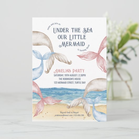 Mermaid Schwanzes Beach Party Geburtstag Einladung (Stehend Vorderseite)