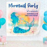 Mermaid Sea Beach Cupcakes Birthday Photo Backdrop Wandteppich<br><div class="desc">Whimsical,  sea themed birthday photo backdrop tapestry features a watercolor mermaid on the beach enjoying a tray of cupcakes and tropical sunset with a "Mermaid Party" caption in blue brushstroke lettering. Art by KL Stock</div>