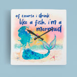 Mermaid Sea | Drink Like A Fish Tropical Beach Quadratische Wanduhr<br><div class="desc">Add a little bit of tropical humor to your home with this fun and whimsical Mermaid Sea Drink Like a Fish wall clock. The perfect addition to any tiki bar or beach-themed room, this clock will bring a touch of coastal fun to your decor. Featuring a mermaid on the beach...</div>