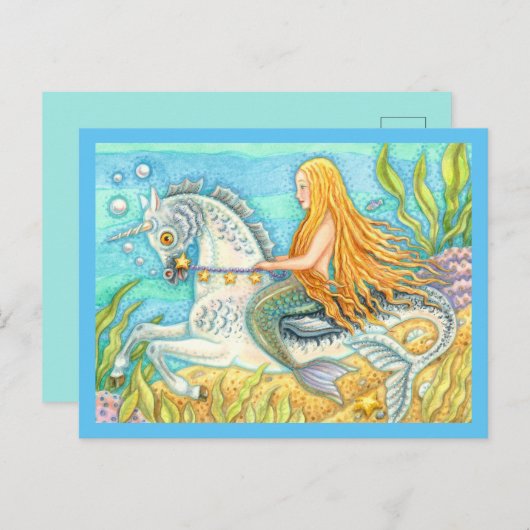 MERMAID & SEA STALLION, WHIMSICAL FANTASY UNICORN POSTKARTE (Vorne/Hinten)