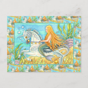 MERMAID & SEA STALLION, WHIMSICAL FANTASY UNICORN POSTKARTE