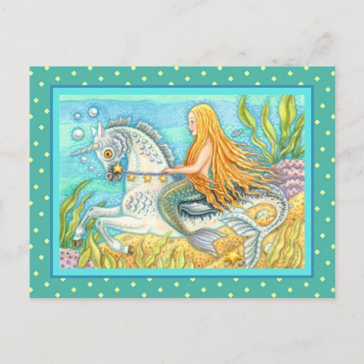 MERMAID & SEA STALLION, WHIMSICAL FANTASY UNICORN POSTKARTE (Vorderseite)