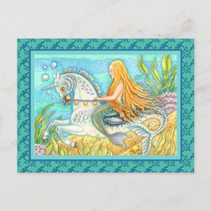 MERMAID & SEA STALLION, WHIMSICAL FANTASY UNICORN POSTKARTE