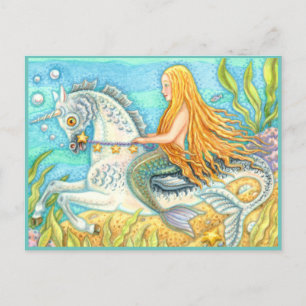 MERMAID & SEA STALLION, WHIMSICAL FANTASY UNICORN POSTKARTE