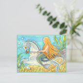 MERMAID & SEA STALLION, WHIMSICAL FANTASY UNICORN POSTKARTE (Stehend Vorderseite)